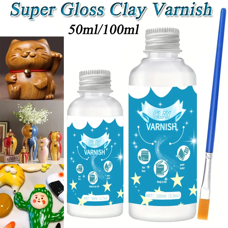 1pc 50/100ml Super Gloss Clay Varnish Nom Toxic Scratch Resistant Air-dried Clay Glaze With Brush For Ceramic Wood Acrylic Paint
