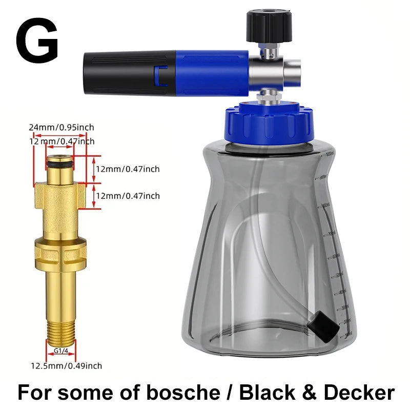 Stylish blue-black foam cannon, 1/4" quick-connect fitting, leak-proof lid air valve, for Karcher Elitech Bort AR Bosch