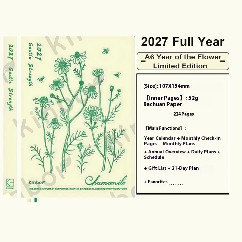 Kinbor 2027 Daily Planner Notebook A5/A6 52g BaChuan Paper Weekly Monthly Yearly, Black