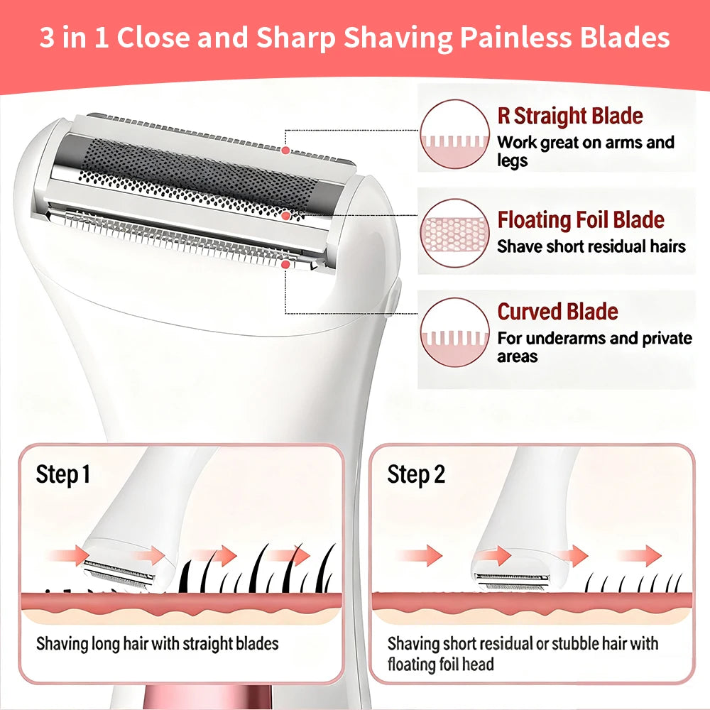Waterproof women electric shaver, Wet & Dry Portable electric Razor, with Tri-Blade Head for Full-Body Hair Removal