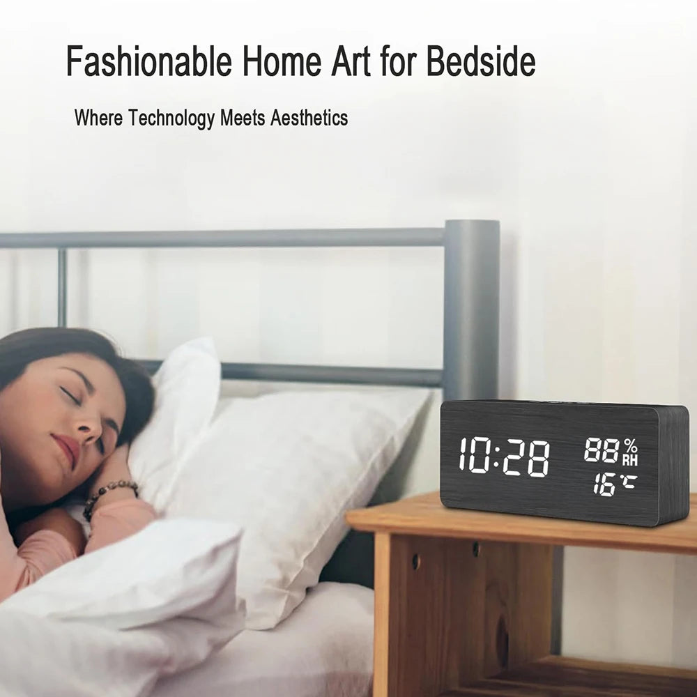 Wooden Digital Alarm Clock with Temperature Humidity LED Desk Clock for Office Bedroom Wooden Electric Clock Bedside Décor Gift
