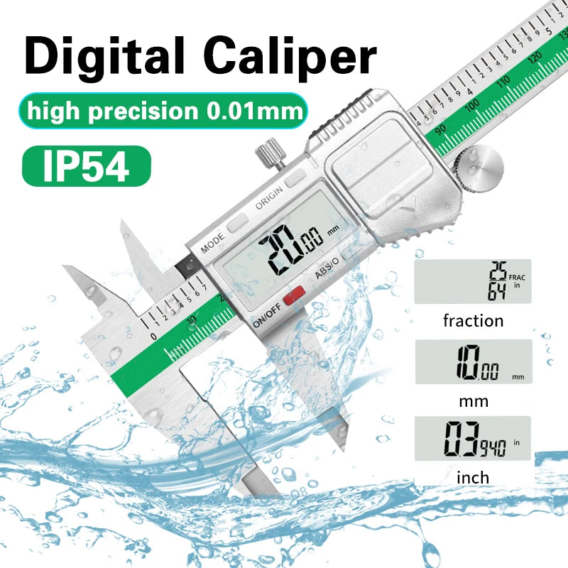 ET54 LCD Stainless Steel Caliper 150mm Fractional/mm/inch 0.01mm Precision Measuring Caliper IP54 Waterproof Electronic Caliper