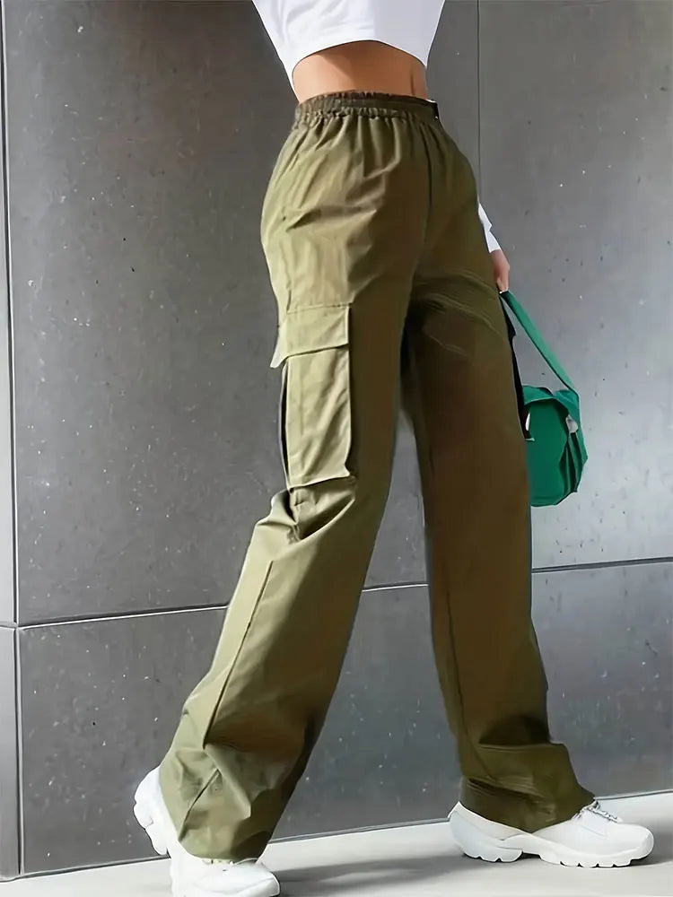 Women's High Waist Wide Leg Pants Elastic Waist Loose Fit, Black or Army Green