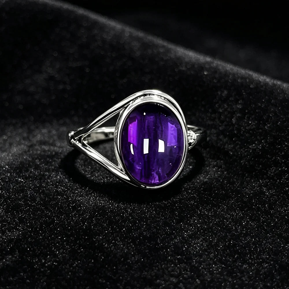 925 Sterling Silver Natural Stone Rings With Amethyst Simple Purple Oval Ring 8*10mm Fine Jewelry Friends Gifts for Women