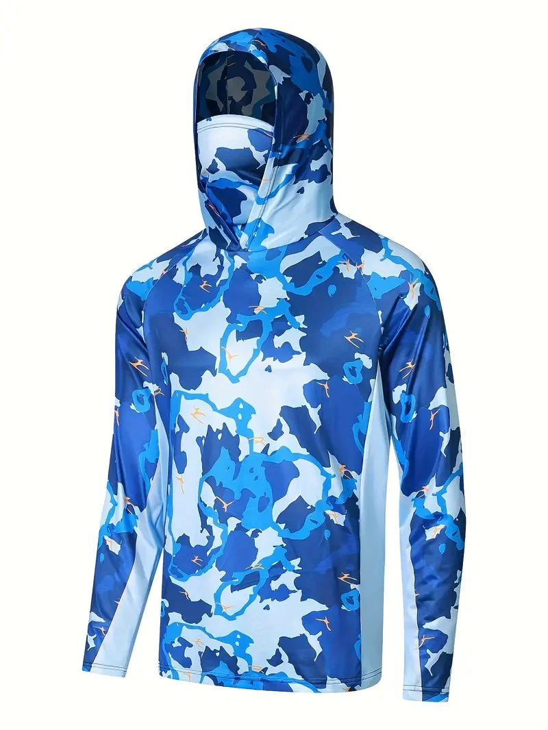 Men's Hooded Fishing Shirt with Face Mask, UV Protection Quick Dry Long Sleeve, 2XL-3XL