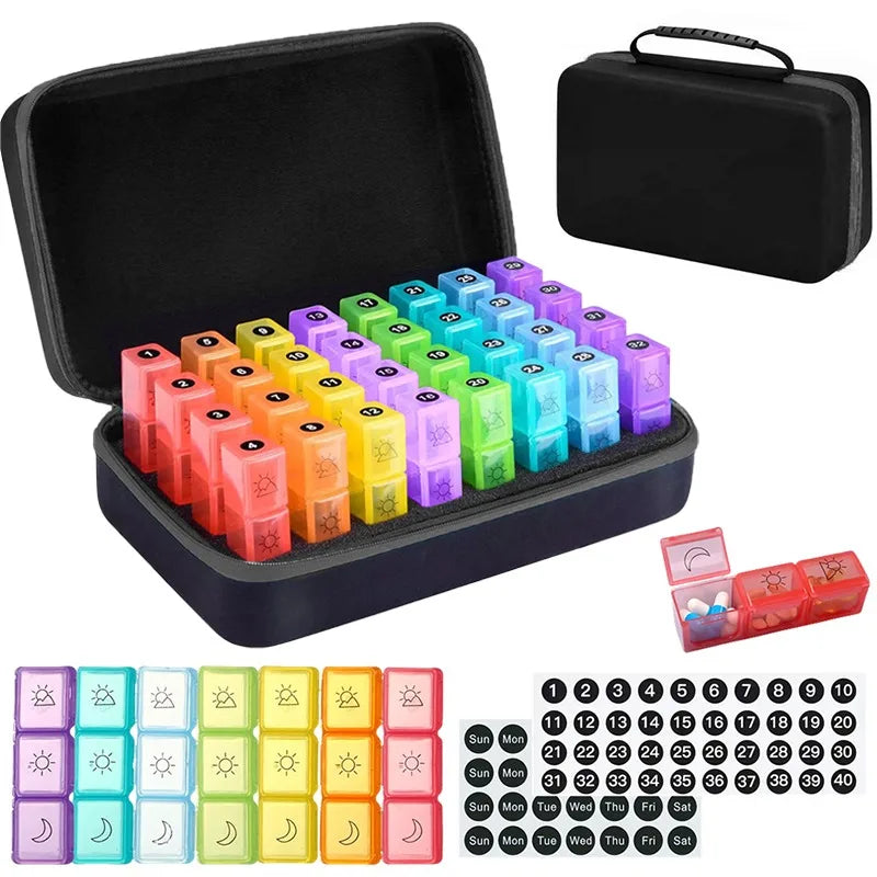 Monthly Pill Organizer Hard Case, 32 Compartments, 3 Times a Day, Black/Blue/Butterfly