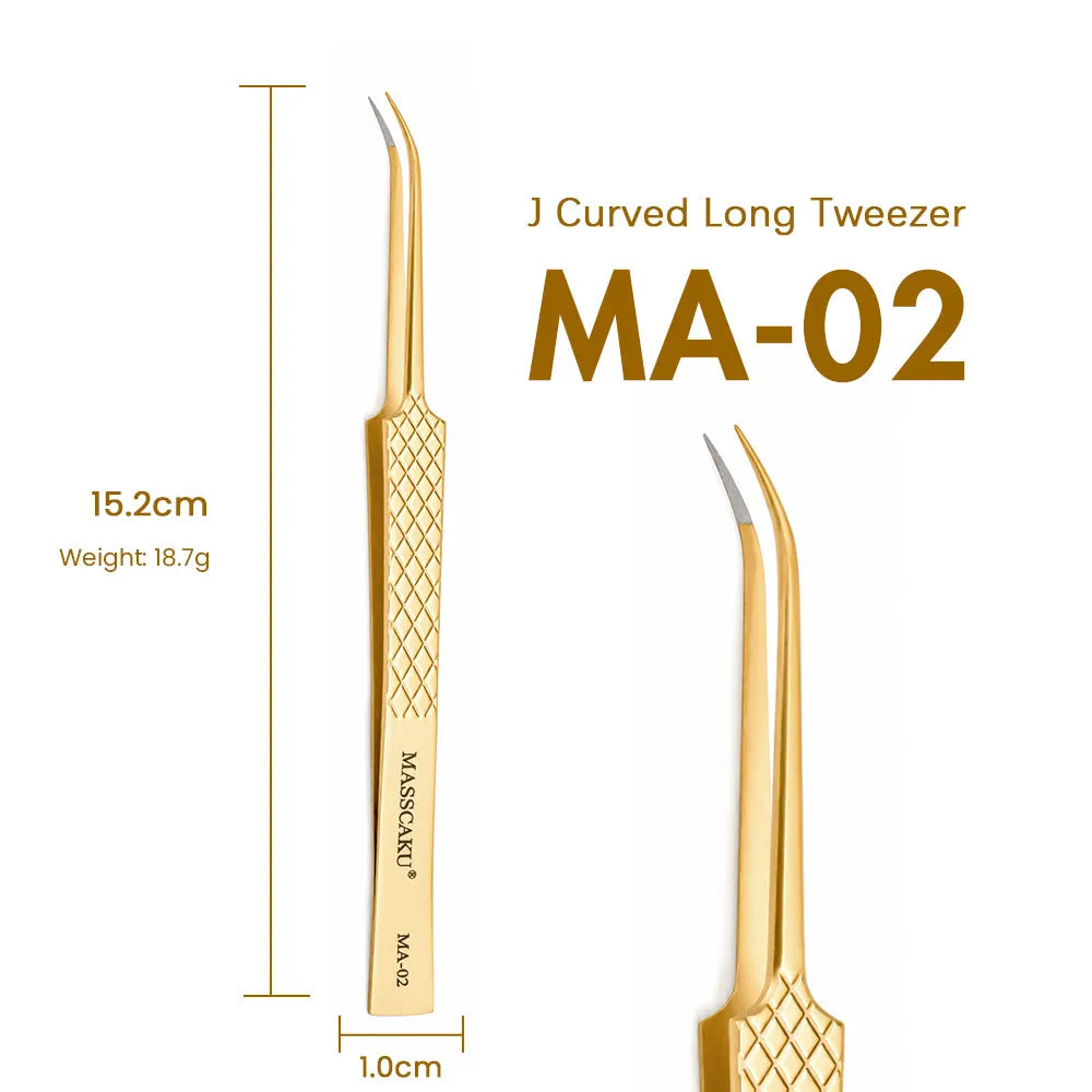 MASSCAKU Fiber Tip Eyelash Extension Tweezers Gold Stainless Steel Lash Pickup Tool