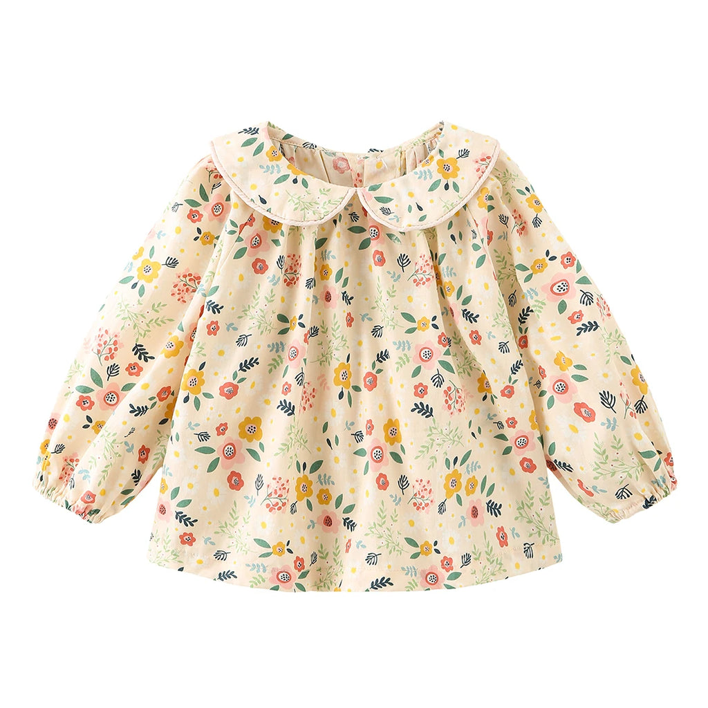 Baby Girls Floral Long Sleeve Cotton Blouse with Peter Pan Collar, Beige/Light Yellow