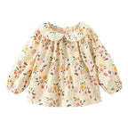 Baby Girls Floral Long Sleeve Cotton Blouse with Peter Pan Collar, Beige/Light Yellow