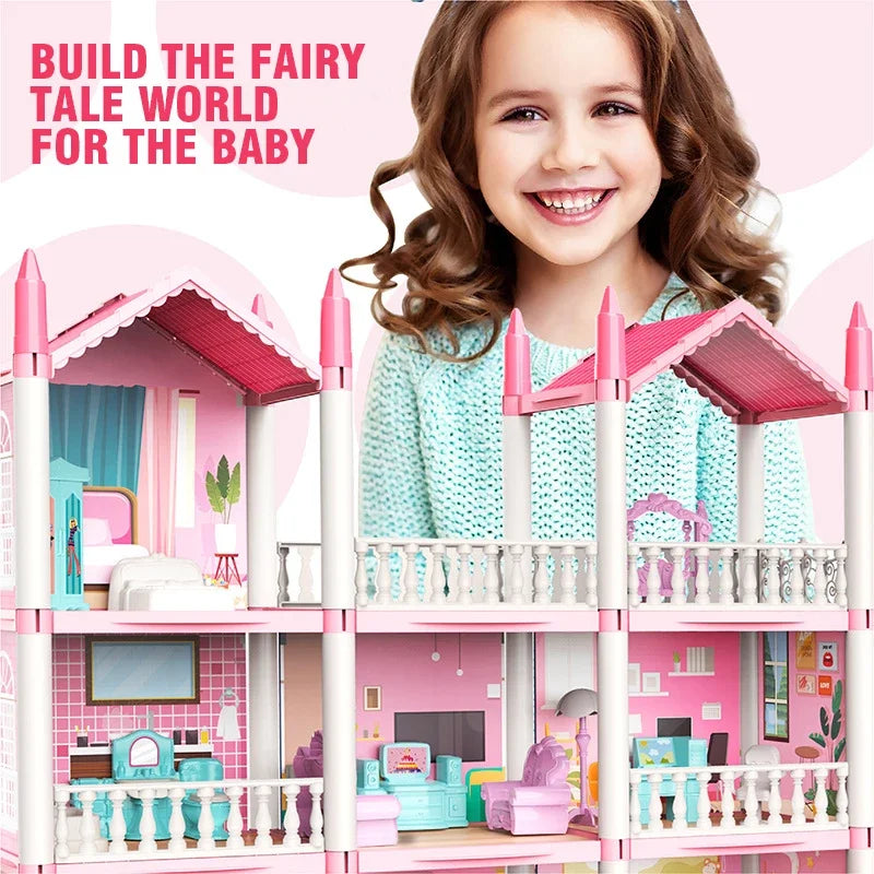 3D DIY Dream Princess Castle Villa Assembly Doll House Set Toy Girl Family Toy Children's Music Doll House Assembly Villa House