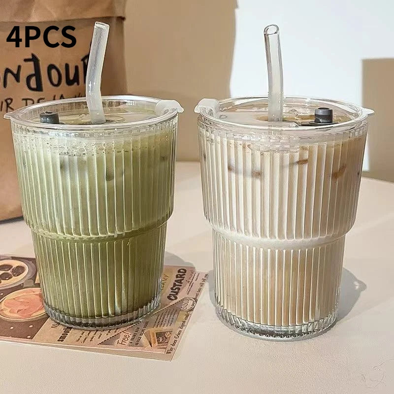450ML Striped Glass Cup Transparent Drinking Glass with Lid and Straw, Ice Coffee Tea Juice Milk Water Glass, Stylish Design