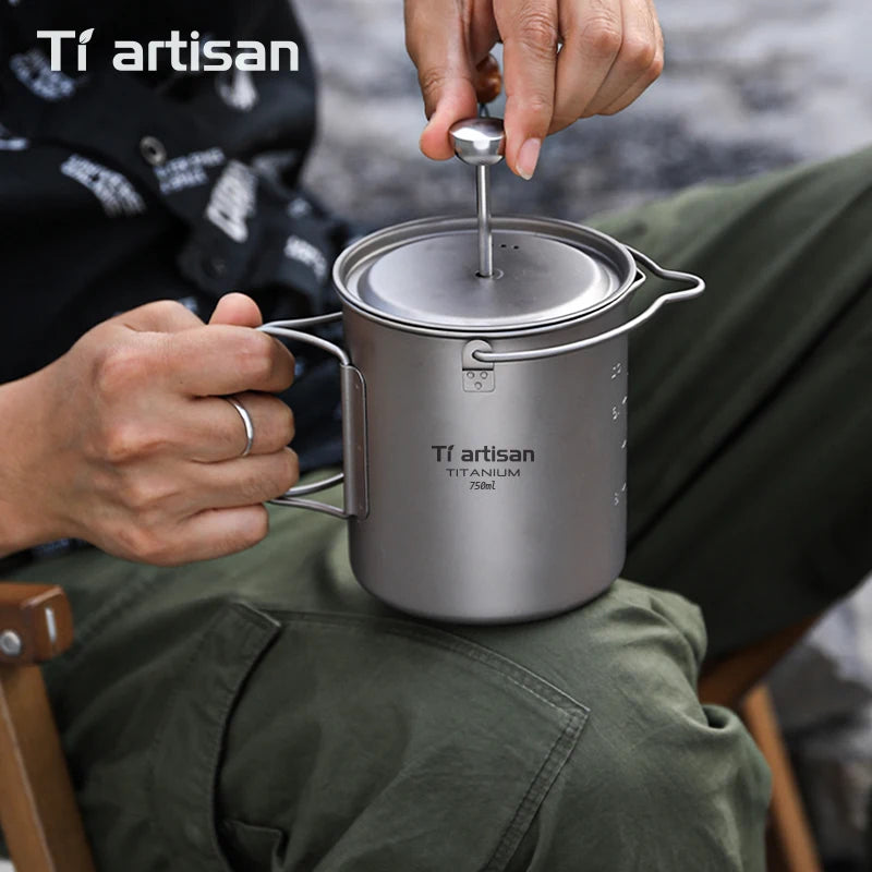 Tiartisan Titanium Folding Handle French Press Hanging Pot Coffee Maker With Lid Outdoor Camping Cookware Water Cup Mug