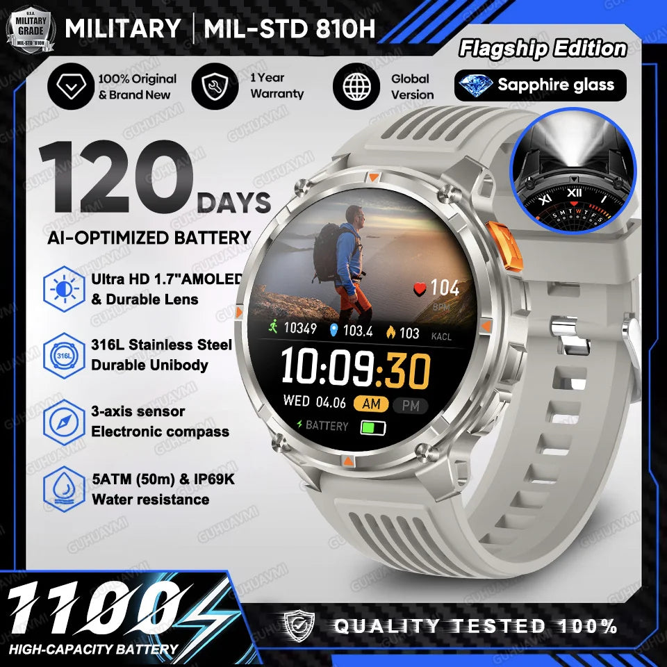 2026 New 1100mAh Large battery Smart Watch 1.7" AMOLED Full Touch Screen 5ATM Waterproof GPS Compass Sports Run Ride Smart Watch