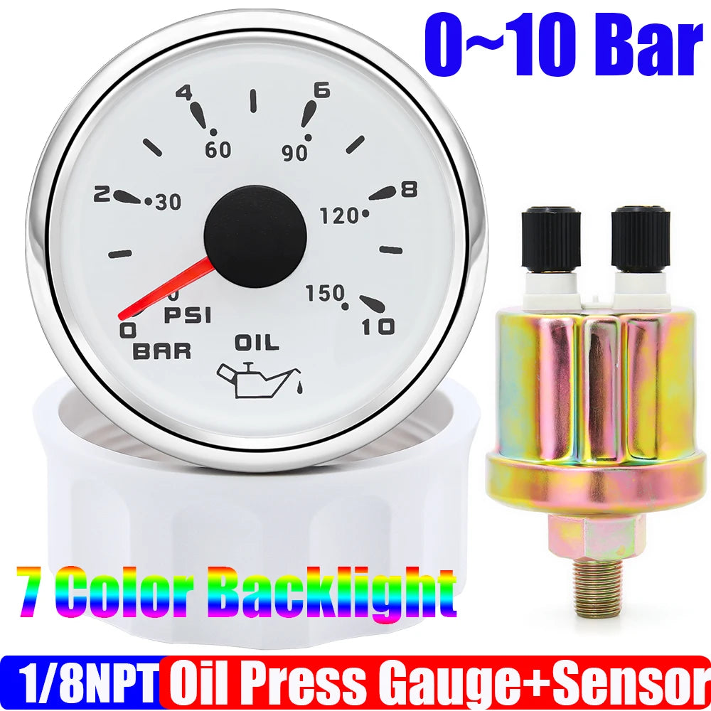 Custom Auto Car 52mm Oil Pressure Gauge+Sensor 7 Color Backlight 0~5Bar 0-10Bar Oil Press Meter with Sensor Marine Boat 12V24V