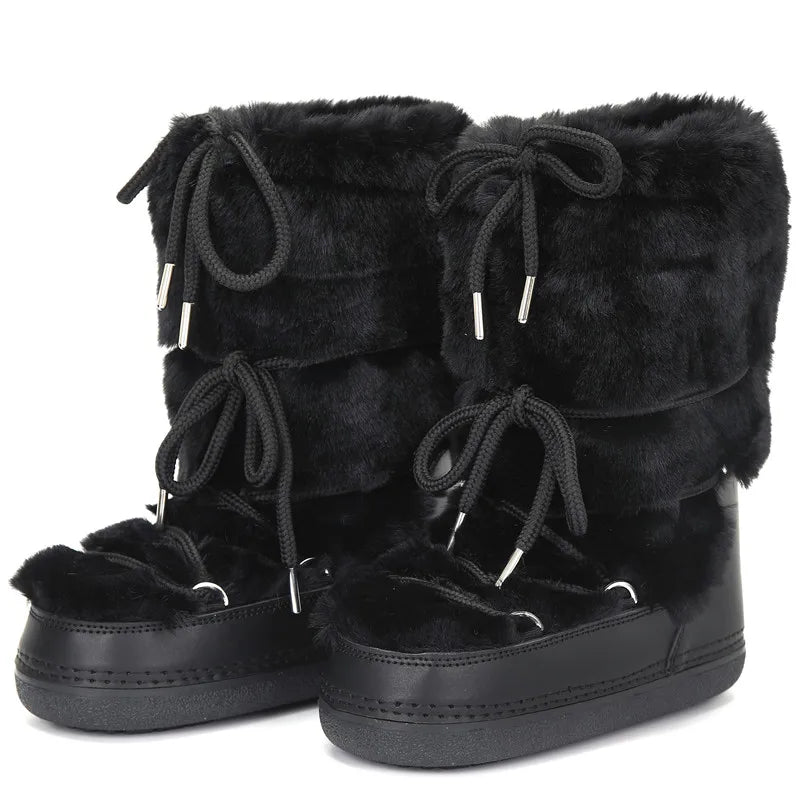 2025 Winter Snow Boots Women Ski Boots Luxury Fluffy Furry Fur Boots Female Rivets Warm Waterproof Platform Black Cotton Boots