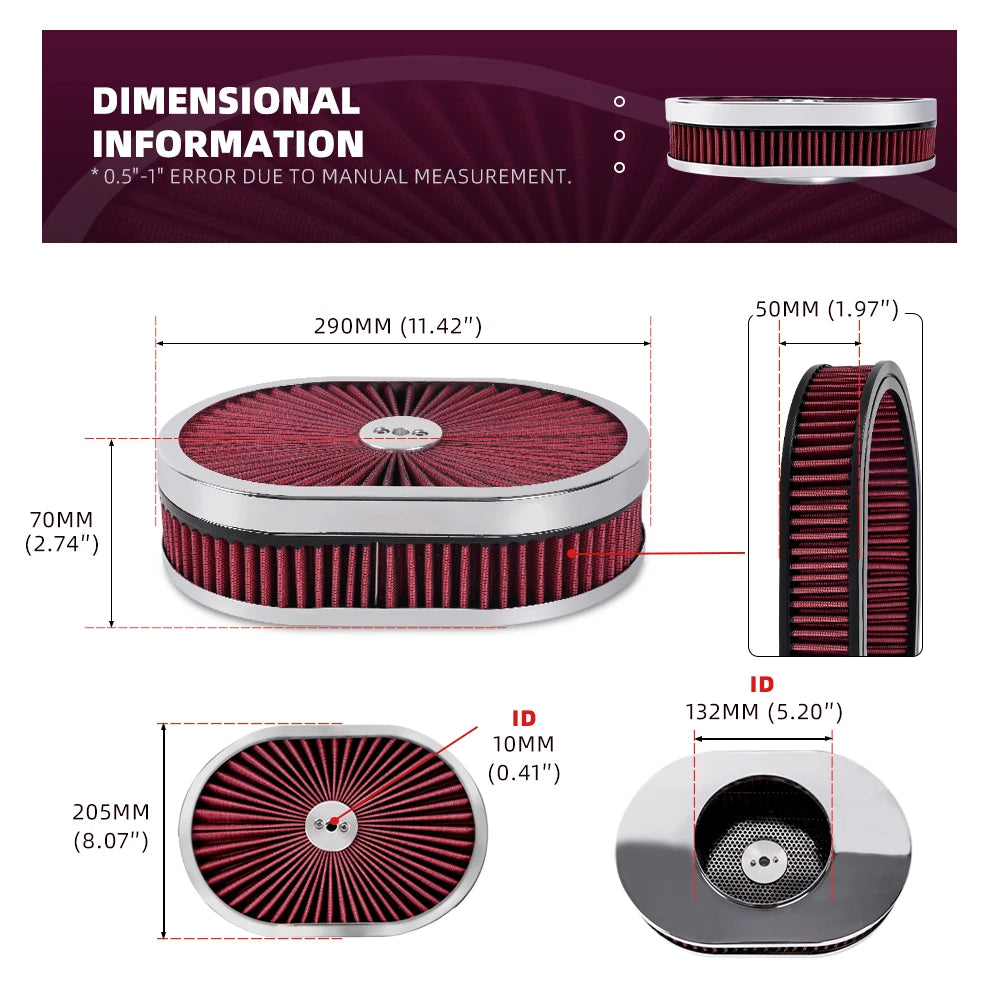 ZSRacing 12"x2" Oval Super Flow Thru Air Cleaner Washable For SBC Chevy Ford Chryler Dodge 5-1/8 Carb Neck OFI131