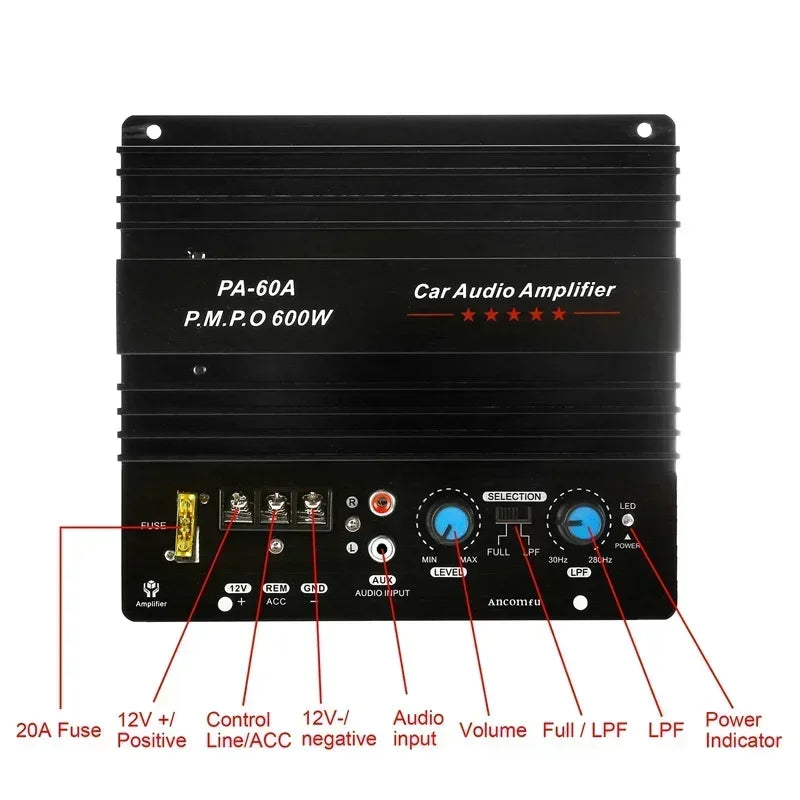 12V 600W Mono Car Audio Amplifier Powered Subwoofer Bass Amplifiers Board Player Automotive Amplifie r Module 3D Crystal Power