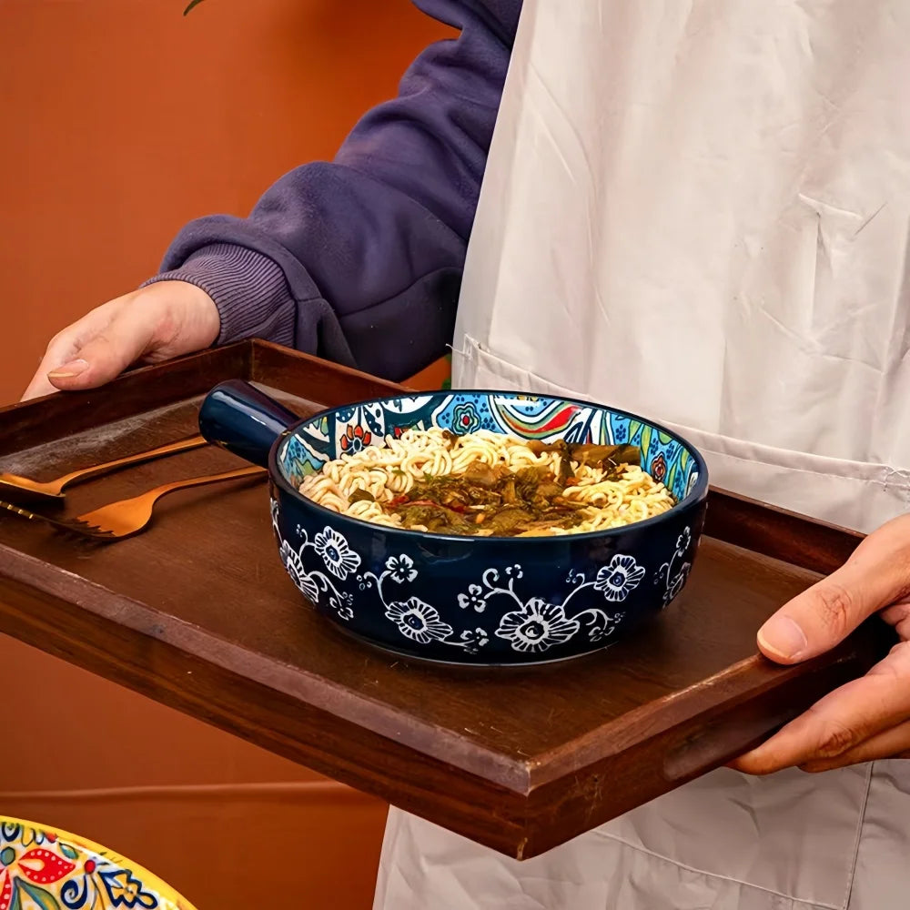 Bohemian Ceramic Hand-Painted Embossed Patterned Salad Bowl with Handle Kitchen Bakeware Microwave & Oven Safe 1 pc
