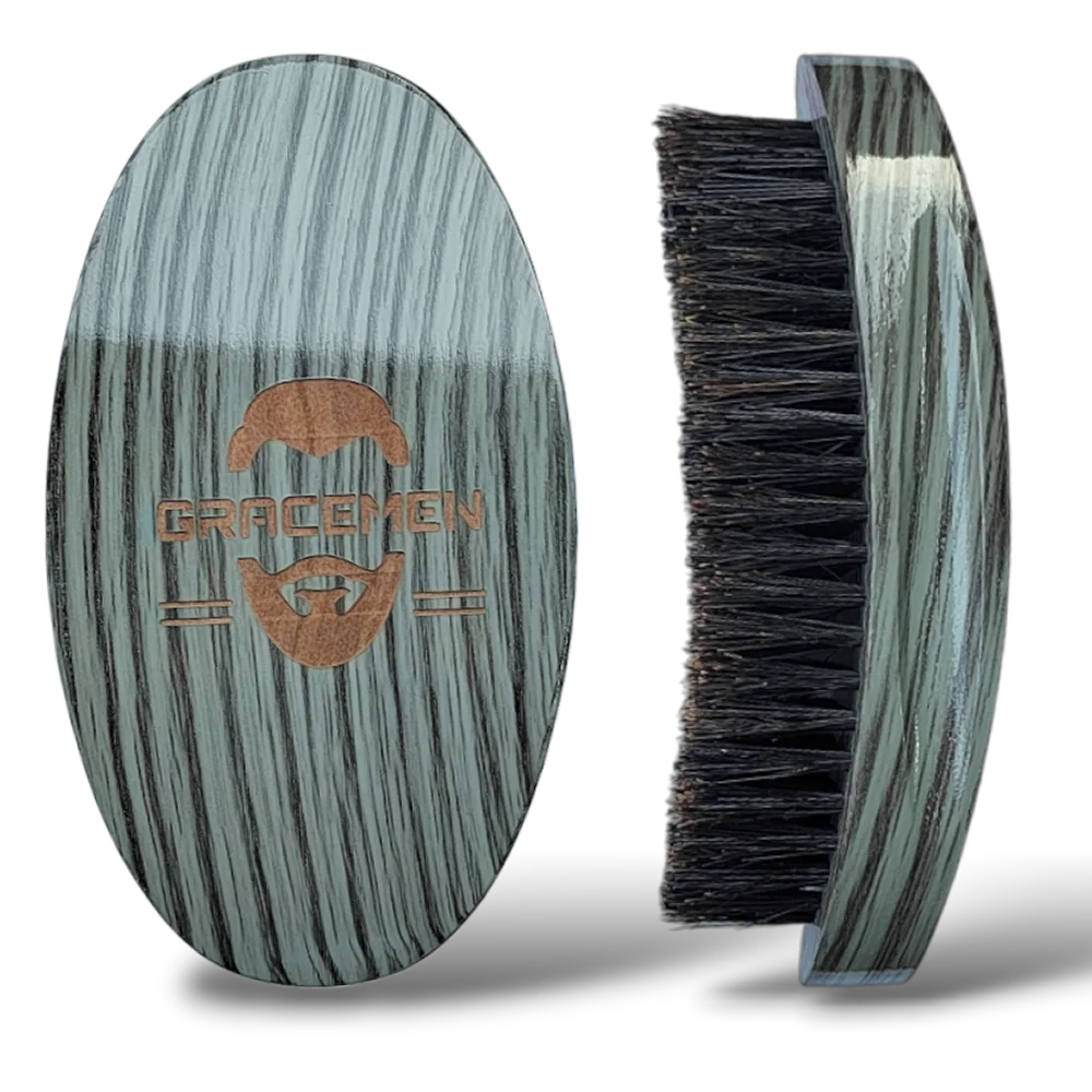 Gracemen 360 Wave Brush Curved Wooden Boar & Nylon Bristles, Soft/Medium/Hard, Black
