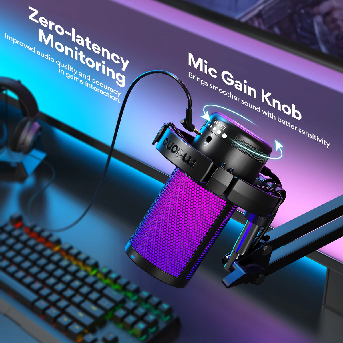maono DGM20S USB Microphone Gaming Mic Condenser Mic RGB USB Mic with Mic Gain and Noise reduction software for Gaming,Recording