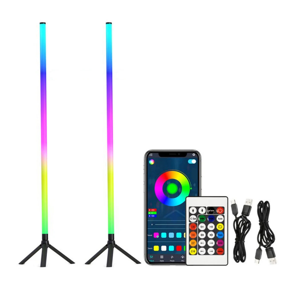 RGB CCT Led Floor Light 24key Remote Bluetooth App Voice Control 103cm Round Tube USB Power for Gaming Room Ambiance Lighting