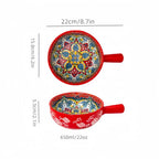 Bohemian Ceramic Hand-Painted Embossed Patterned Salad Bowl with Handle Kitchen Bakeware Microwave & Oven Safe 1 pc