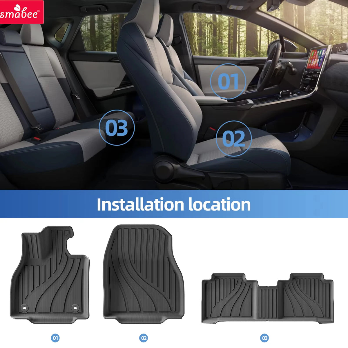Smabee TPE 3D Floor Mats Set for Subaru Solterra 2023-2025 Left Hand Drive 3pcs