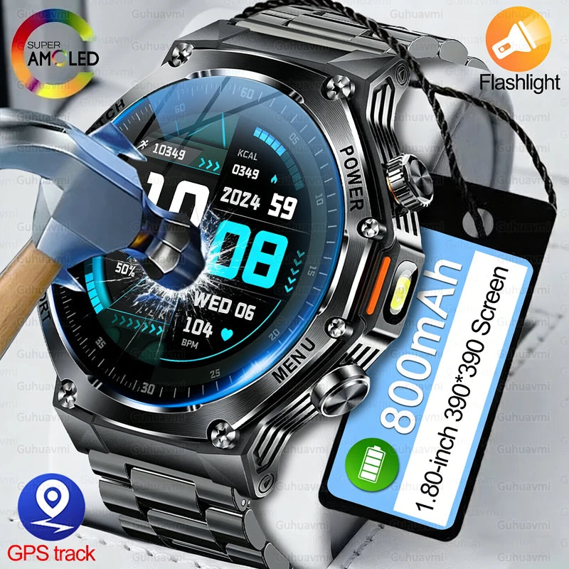 2026 New 800mAh Big Battery Smart Watch Men Outdoor GPS Flashlight 5ATM Waterproof Bluetooth Call AMOLED HD Sports Smartwatches