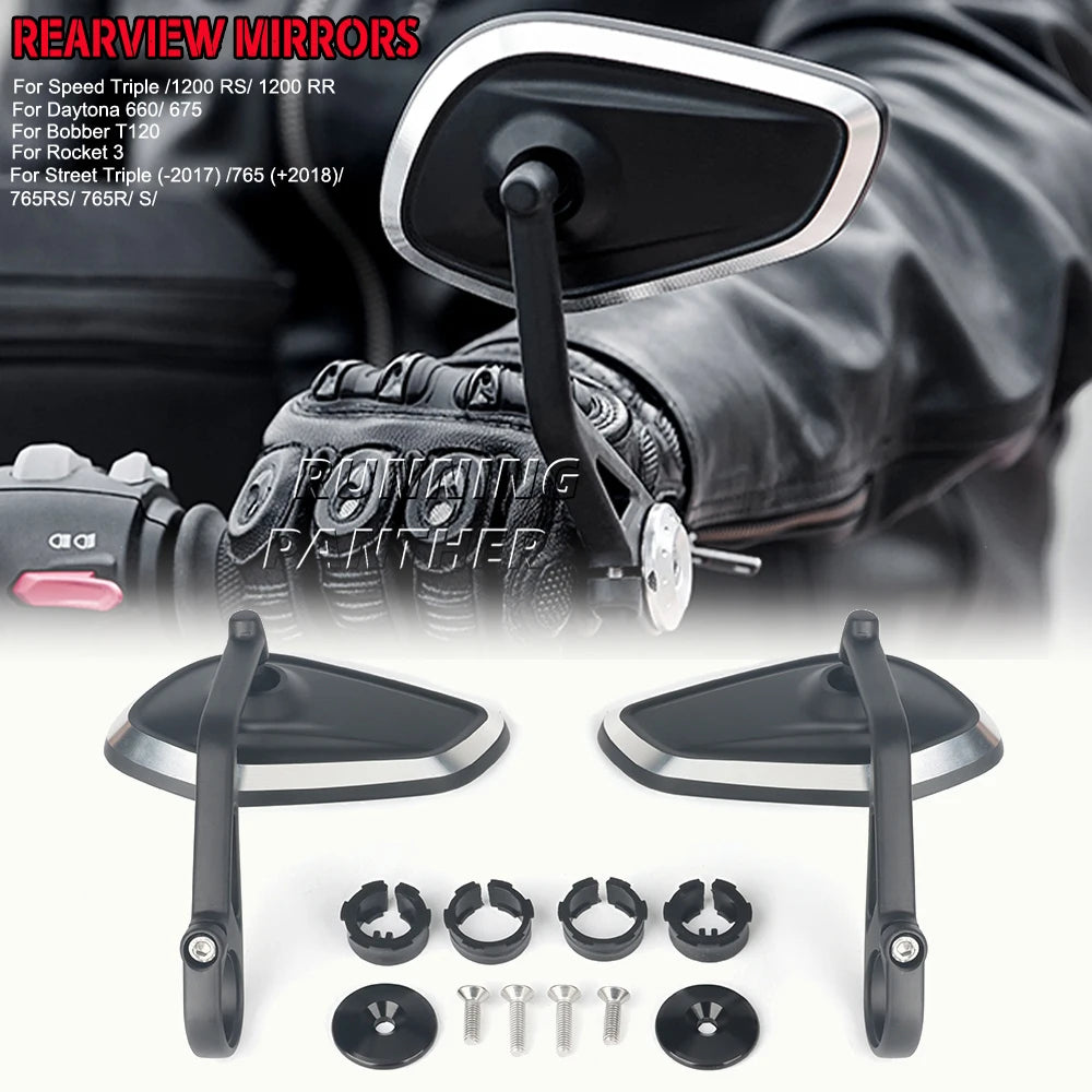 New Motorcycle Handlebar Rearview Side Mirrors Bar End Mirror Kit For Street Triple S 765 765RS 765R Bobber T120 Daytona 660 675