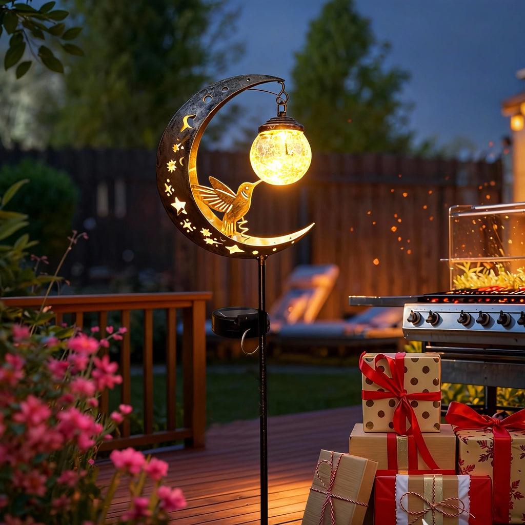 Solar moon ground stake light with hummingbird & glass ball, warm white 0-5W