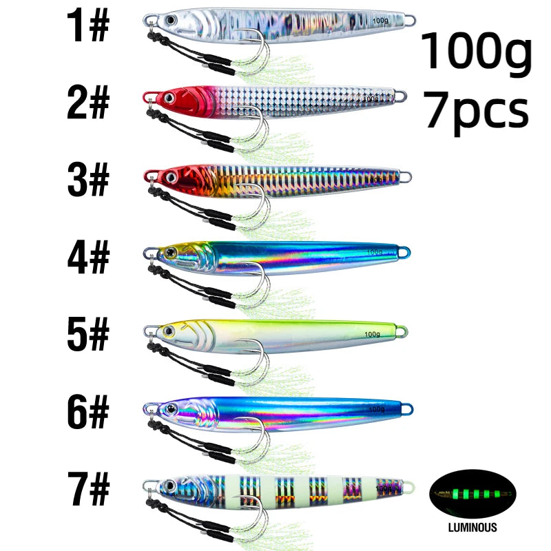 7Pcs 40g 60g 80g 100g Luminous Fast Jigging Casting Lure 7Colors Fishing Metal Jig Bait With Double Assist Hook