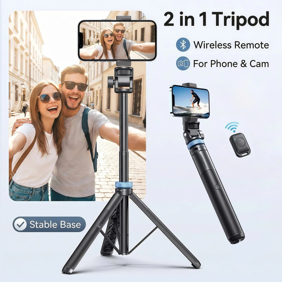 3-in-1 Bluetooth Selfie Stick Tripod with Remote for iPhone Samsung GoPro DJI Insta360 Extendable Portable Vlogging Stand