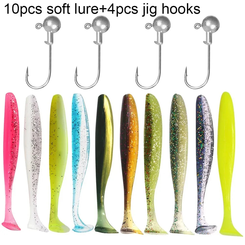 14PCS Gear Kit 10PCS Soft Lure 5.5cm 7cm 10cm T Tail Worm 4PCS Jigging Head Hook 3g 5g 10g Metal Jig Fishing Pesca Swimbait Bait