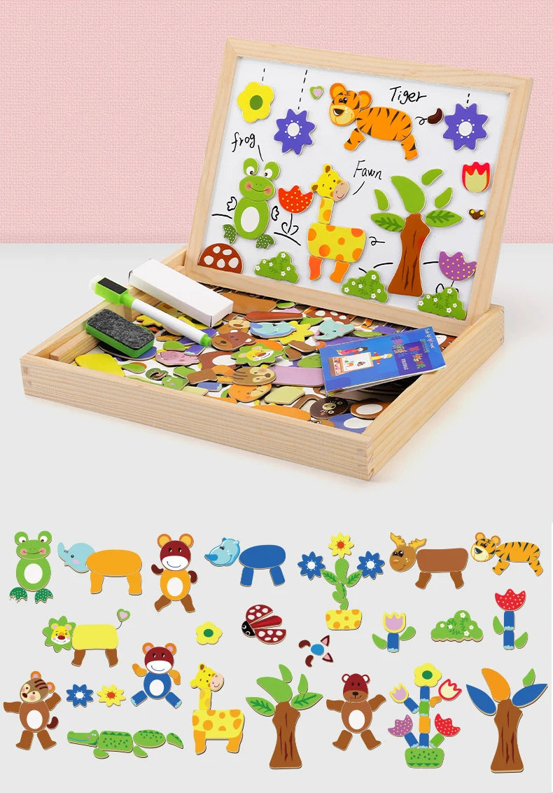 100+Pcs Wooden Multifunction Children Animal Puzzle Writing Magnetic Drawing Board Blackboard Learning Education Toys For Kids