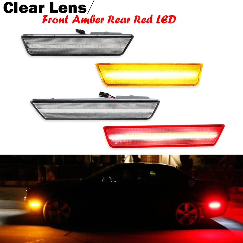 For Dodge Challenger 2008-2014 Clear & Smoked Lens LED Side Marker Lights Dual Row Amber Front Red Rear Side Fender Reflector