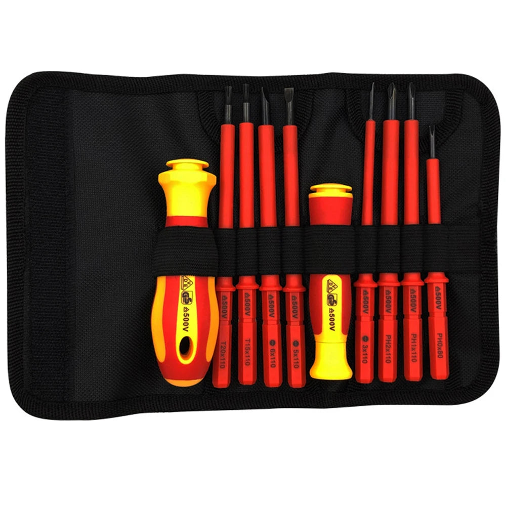 10Pcs Interchangeable Blade VDE Insulated Screwdriver Set with Case Magnetic 500V Home and Professional Use Electricians Tools