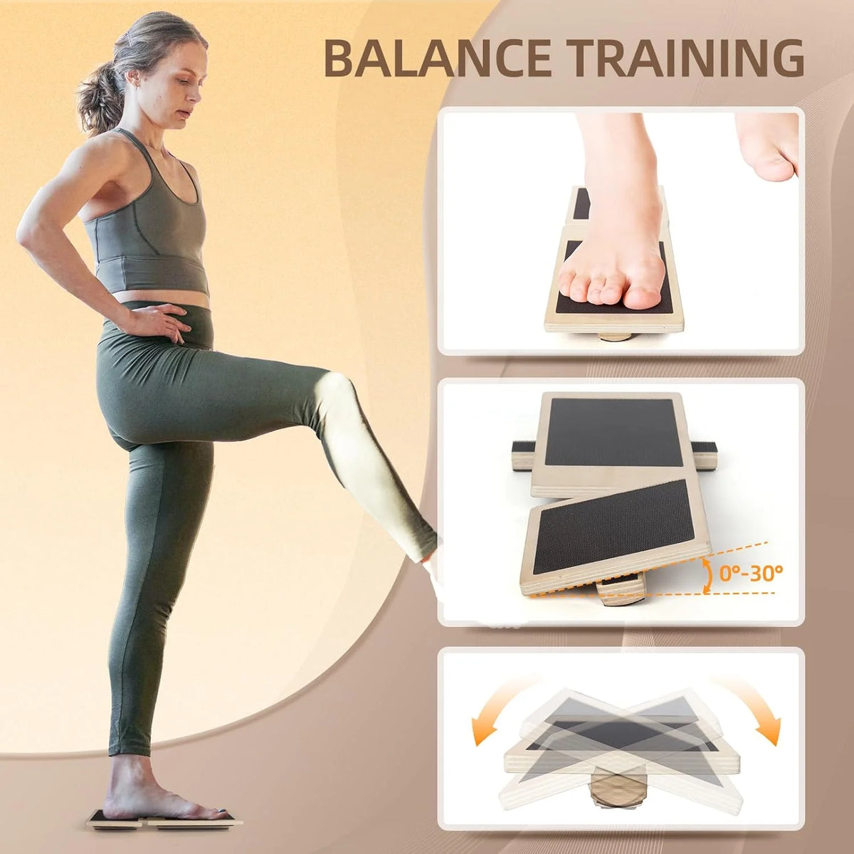 Ankle Strengthener Exerciser for Sprained, Single Foot Balance Board, Non-Slip Wood Wobble Board., BLACK