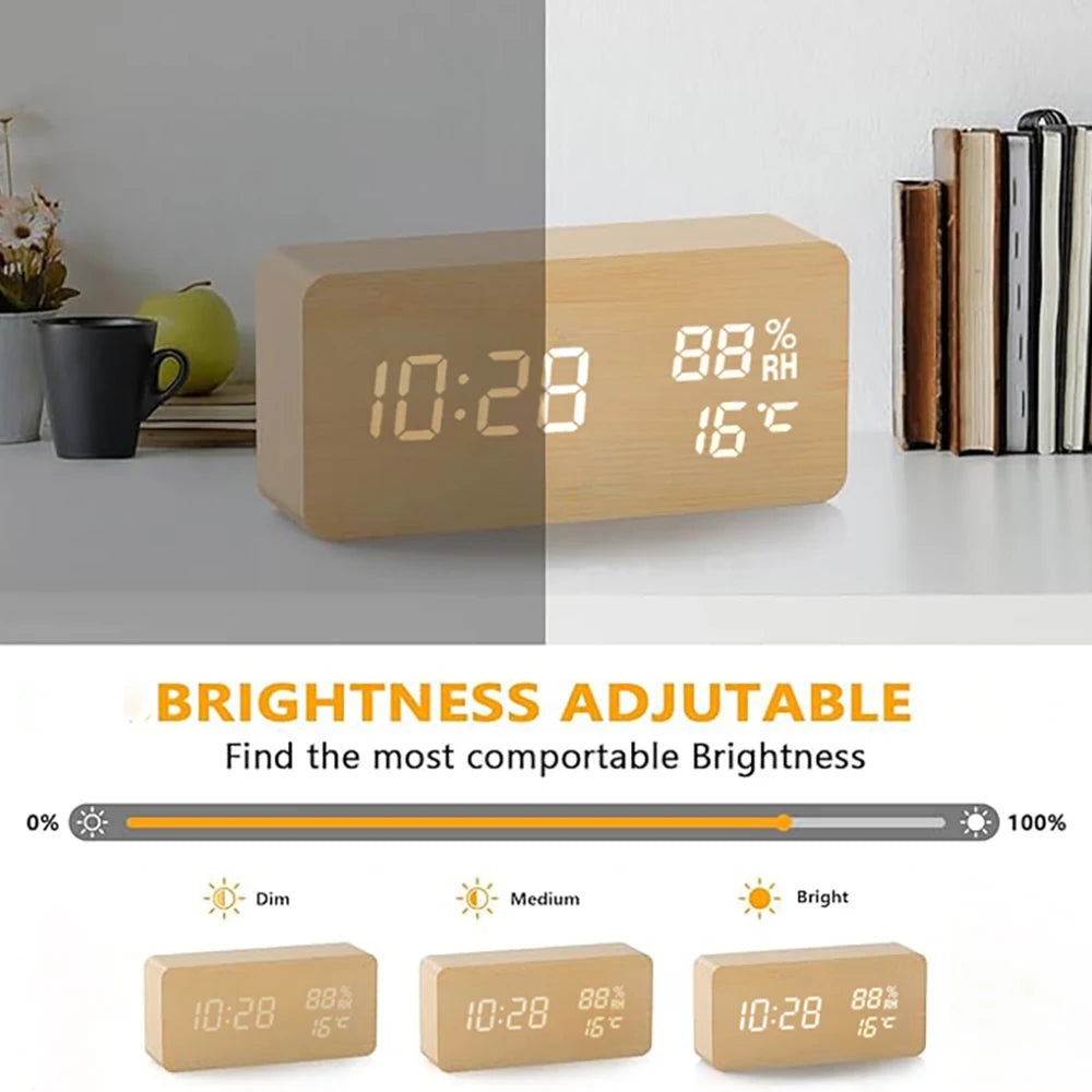 Wooden Digital Alarm Clock with Temperature Humidity LED Desk Clock for Office Bedroom Wooden Electric Clock Bedside Décor Gift