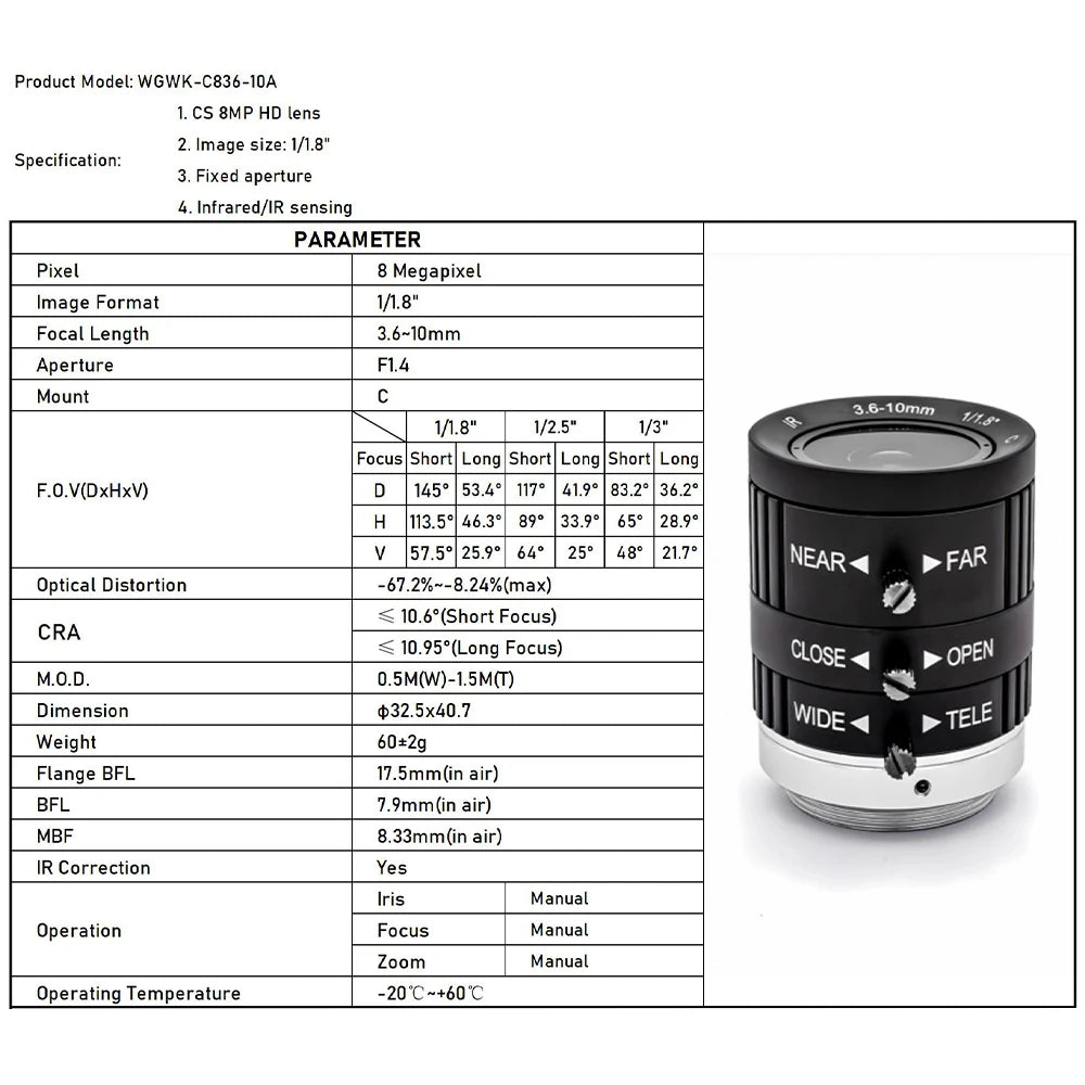 WGWK 4K 12MP CS Mount CCTV Lens 1/1.8" Format Manual Iris 5-50mm Industrial Zoom Lens For Machine Vision Surveillance IP Camera