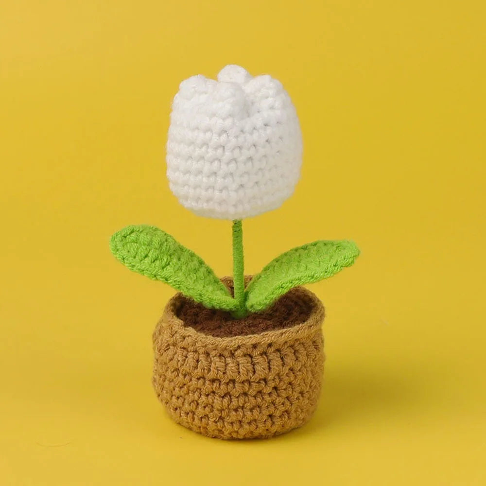 Mini Tulips Crochet Flowers Potted Cute Knitting Flowers Table Car Decor Handmade Artificial Tulips Flores Tejidas