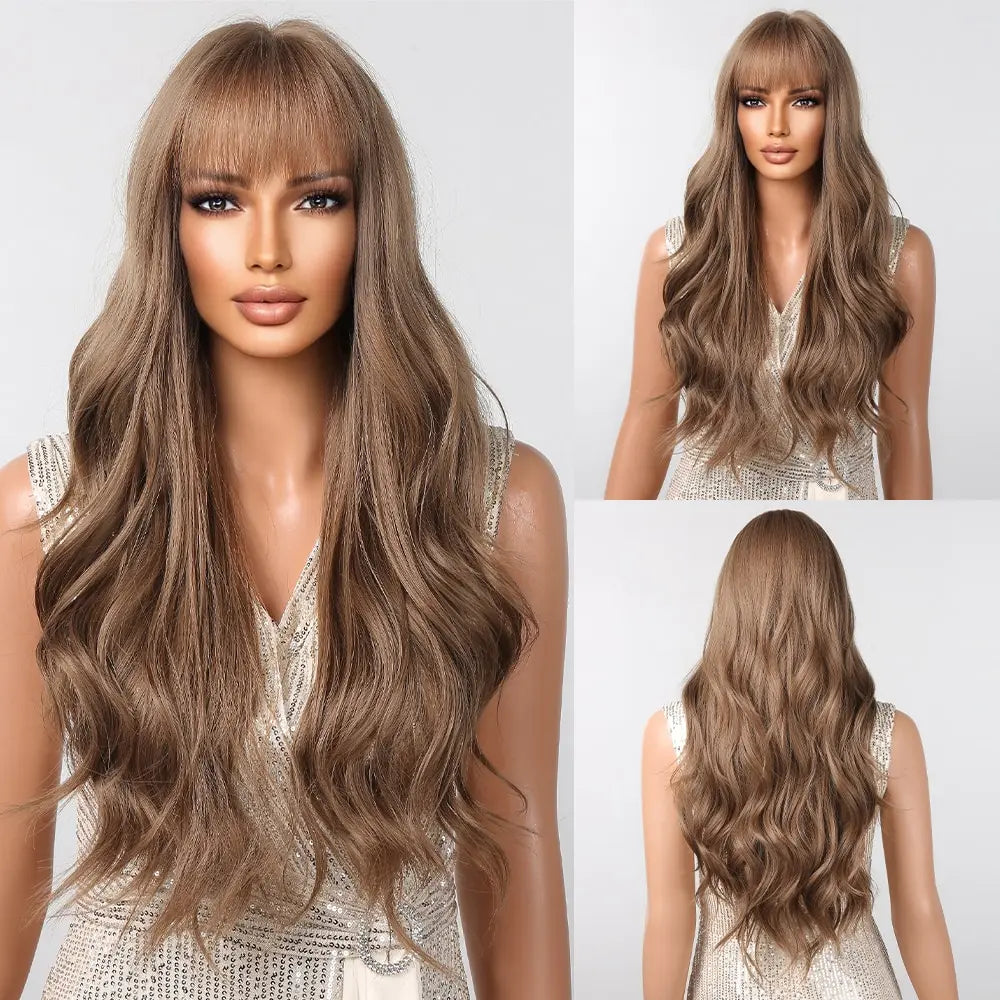 Long wavy synthetic wig with bangs, brown heat resistant, includes wig cap, 1pc