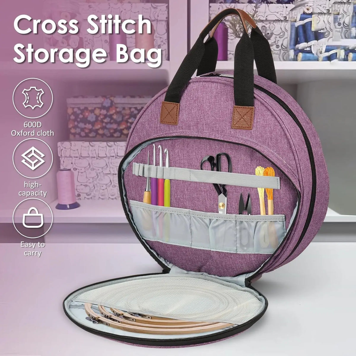 Cross Stitch Storage Bag Purple,Embroidery Projects Bag,Sewing Crafts Storage Tote Bag,Knitting Bags with Zipper Pockets