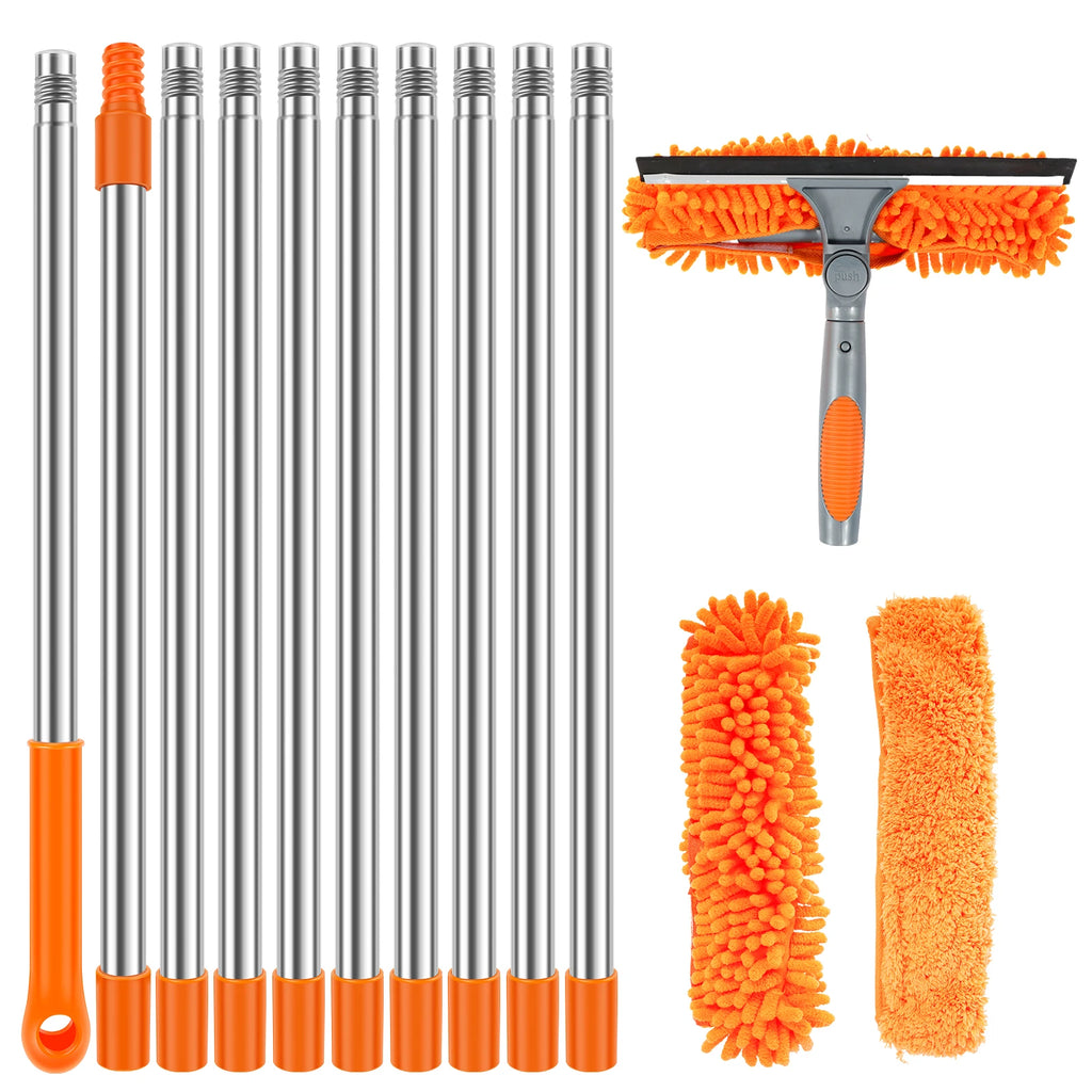 100-420CM Extended Window Cleaning Kit 2 in 1 Double Sided Glass Squeegee Cleaner Duster Mop 180° Swivel Window Cleaning Tools