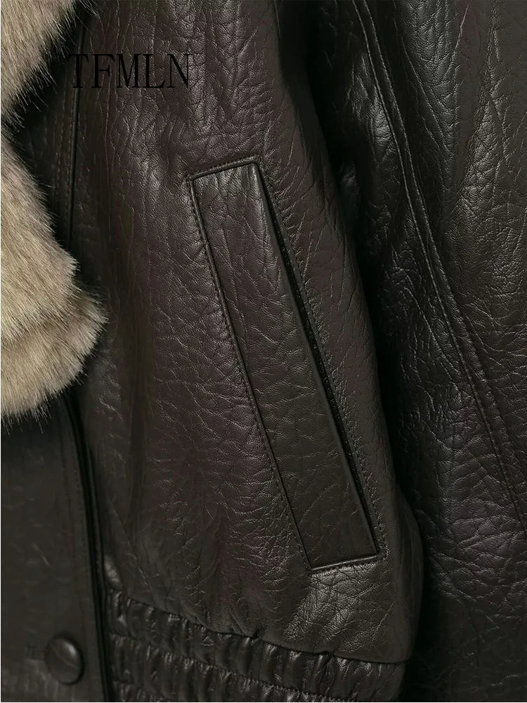 TFMLN 2025 Winter Women Loose Faux Leather Jacket Fashion Removed Big Fur Collar Causal Coat High Street Double Breasted Outwear