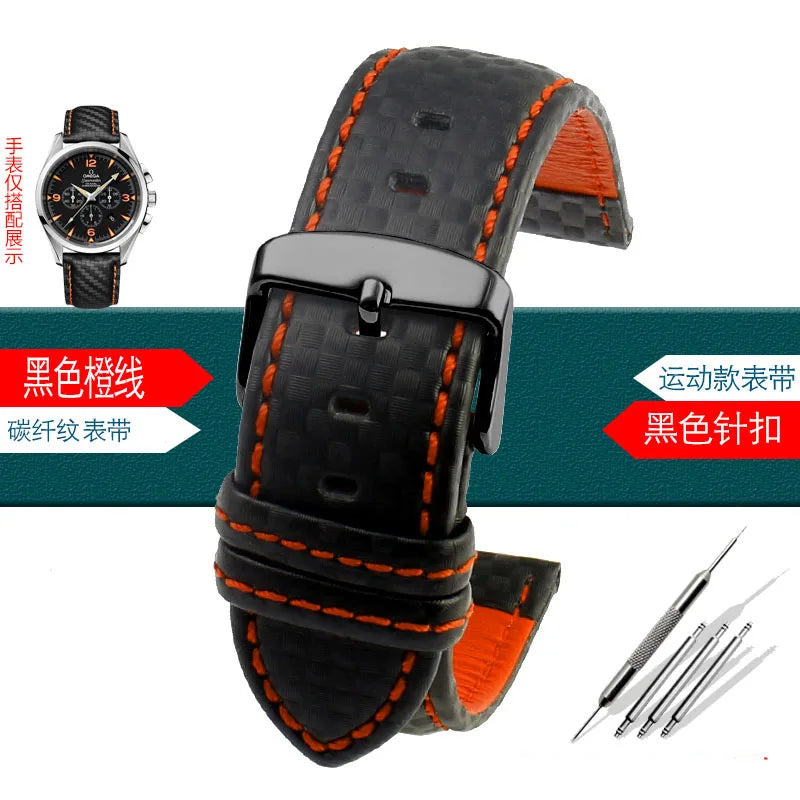 Carbon Fiber Pattern Leather Watch Strap 18mm 20mm 21mm 22mm 23mm 24mm Black Red Orange Stitching Watchband Bracelet Wristband