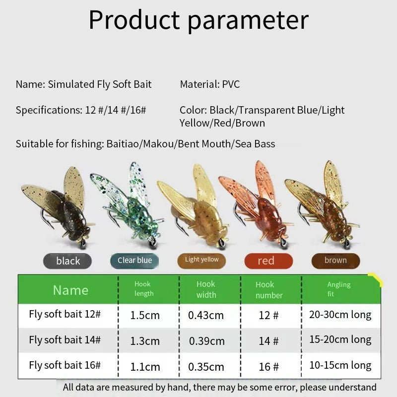 10PCS 10/20mm PVC Fly Fishing Flies Soft Rubber Fly Fishing Lures Lifelike Flies Insects Lures Barbed Hooks Fishing Accessories