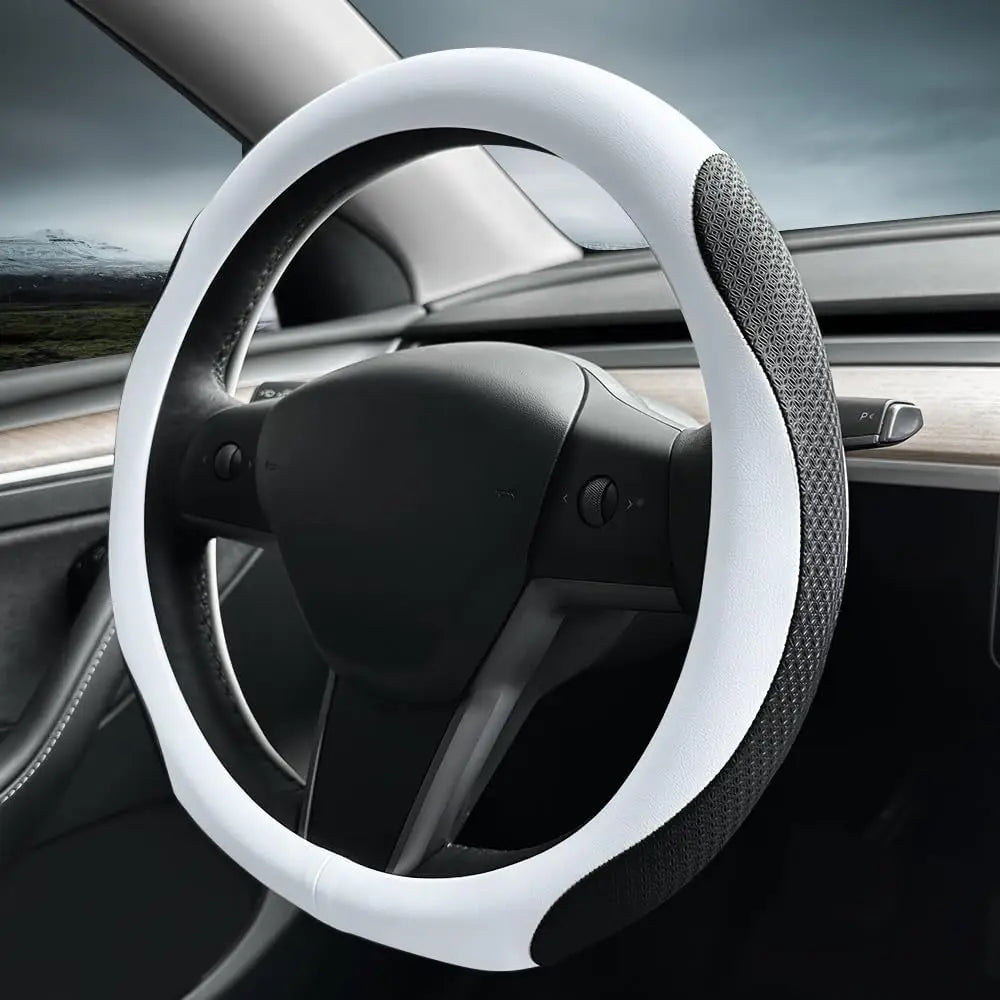 Steering Wheel Cover Protector for Tesla Model 3/Y 2016-2025 2026 Juniper/Highland Non-Slip Breathable White Premium Leather