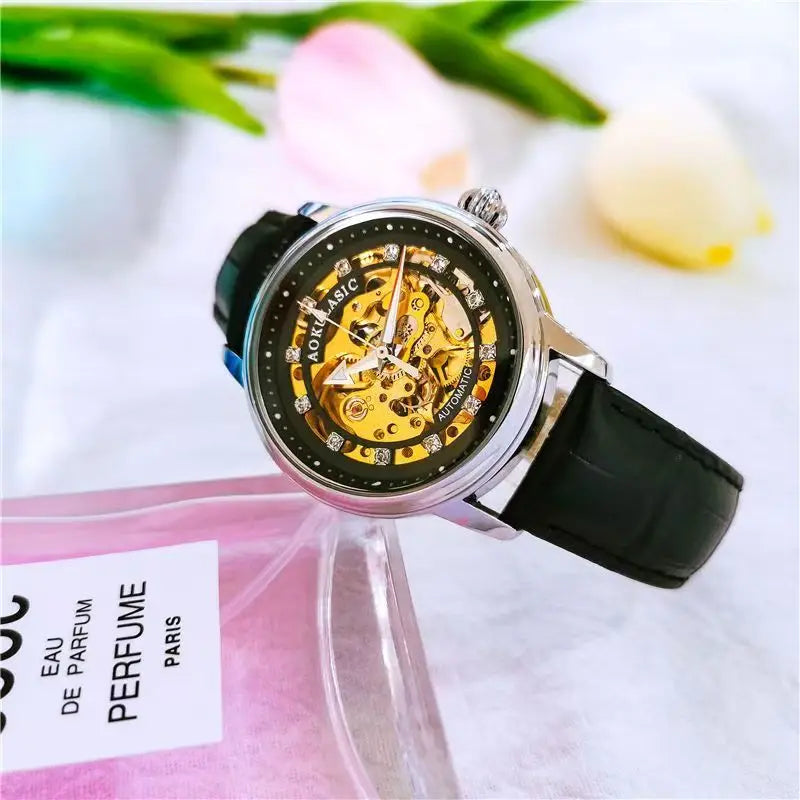 Augulas Genuine Hollow-Out Diamond-Encrusted Fully Automatic Mechanical Watch for Women, Fashionable and Simple, Luminous Waterproof Watch for Female Students, Trendy, the Best Gift for Her, No Battery Needed