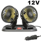 Adjustable car cooling fan 360° dual head, 2-speed, 5V USB/12V/24V cigarette plug