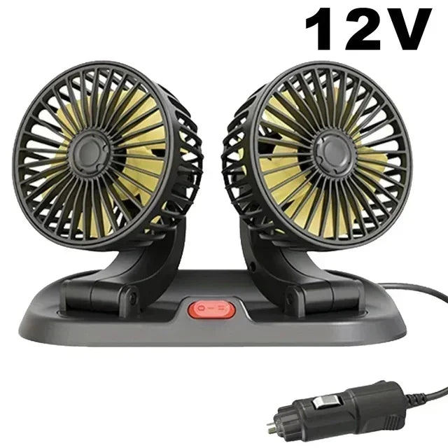 Adjustable car cooling fan 360° dual head, 2-speed, 5V USB/12V/24V cigarette plug